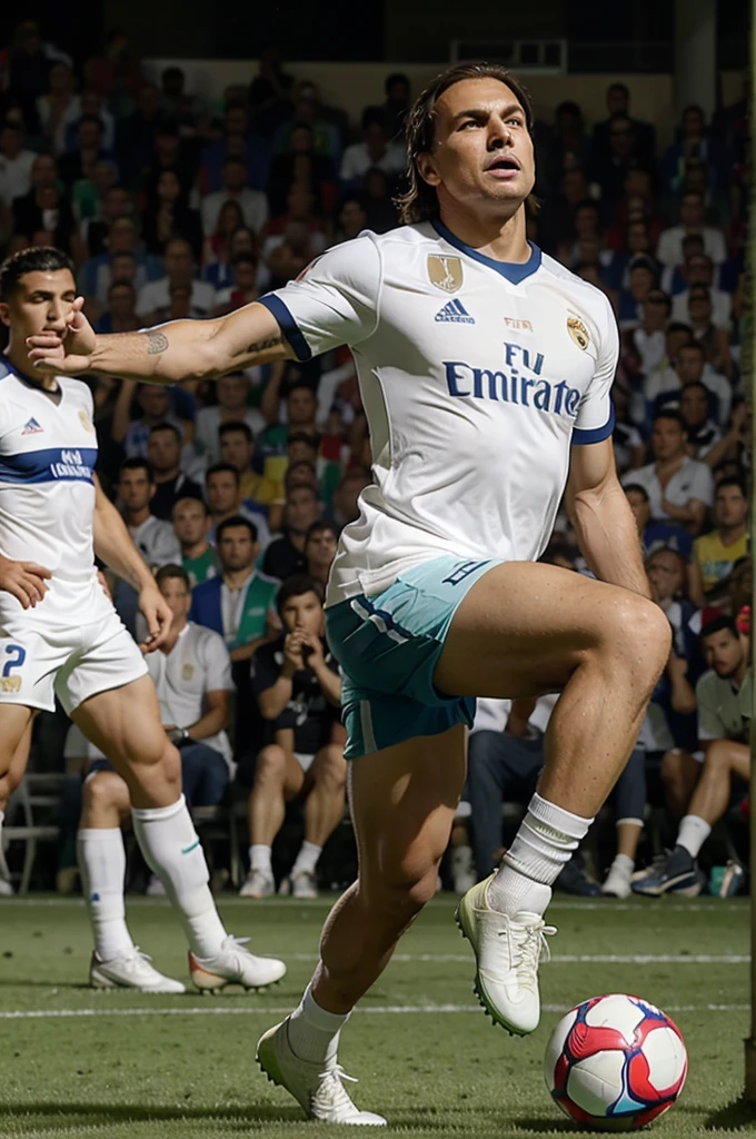 Jair Bolsonaro playing football with the Real Madrid shirt kicking the ball in a crowded stadium
