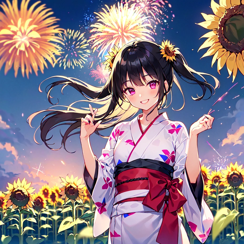 masterpiece, best quality, high quality, extremely detailed, very delicate and beautiful, (1 female 18 years old solo:1.5), (long black hair up to waist with two side up:1.5), bangs to eyebrows, eyes Eyebrows are glossy, (eye color: magenta:1.3), 6.5 head height, (yukata with fireworks print: 1.3), knee socks, lace, frills, (smiling), (standing: 1.3), (smiling), (dynamic pose), (background sunflower field: 1.3), (night with lots of fireworks: 1.3), (upper body:1.3),