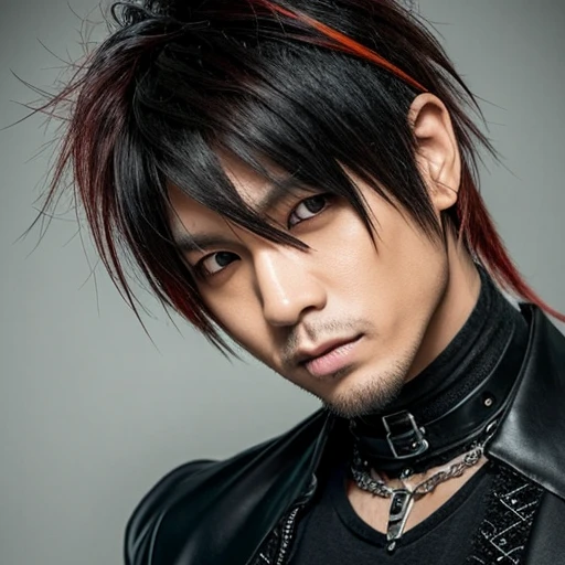 1 japanese male rocker, asien eyes, Visual Kai hairstyle, ultra detailed face and body, hyperrealistic, realistic representation, muscular, broad shoulders, tattoos gothic style, Visual Kei style, hairstyle Visual Kei, blond, 40 years old, age 40 outfit gothic streampunk, men's shirt and black pants, Asian eyes, eyes Asian, long hair, long hair