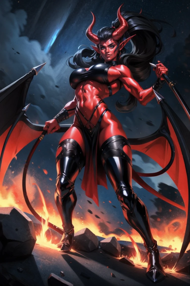 Red skin succubus tiefling, digitigrade legs, medium breasts, black horns, wings, huge tail, black leather, crop top, long flowing pelvic curtain, tall, toned, graceful, thin, long black ponytail. Action scene, whip. Dark scene, explosions, night sky.