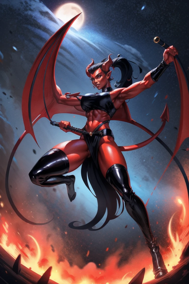 Red skin succubus tiefling, digitigrade legs, medium breasts, black horns, wings, huge tail, black leather, crop top, long flowing pelvic curtain, tall, toned, graceful, thin, long black ponytail. Action scene, whip. Dark scene, explosions, night sky.