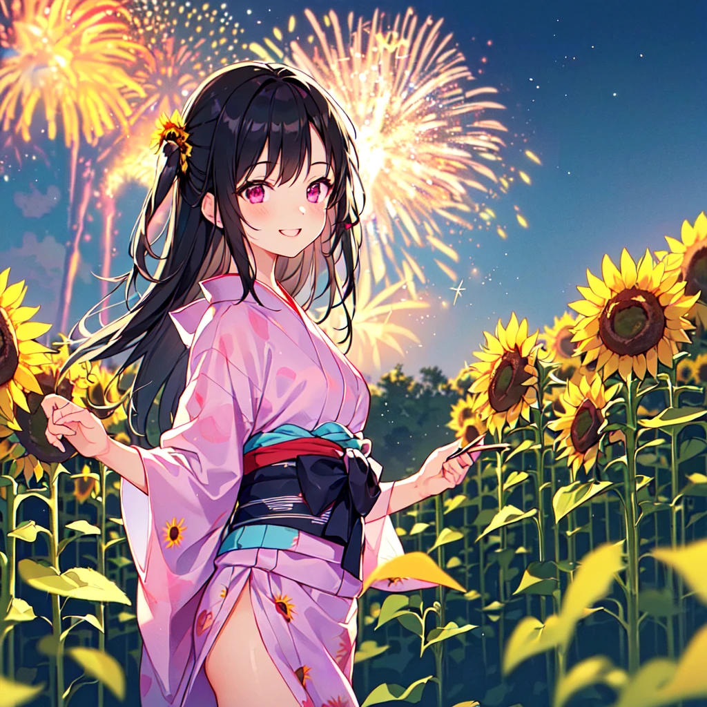 masterpiece, best quality, high quality, extremely detailed, very delicate and beautiful, (1 female 18 years old solo:1.5), (long black hair up to waist with two side up:1.5), bangs to eyebrows, eyes Eyebrows are glossy, (eye color: magenta:1.3), 6.5 head height, (yukata with fireworks print: 1.3), knee socks, lace, frills, (smiling), (standing: 1.3), (smiling), (dynamic pose), (background sunflower field: 1.3), (night with lots of fireworks: 1.3), (upper body:1.3)