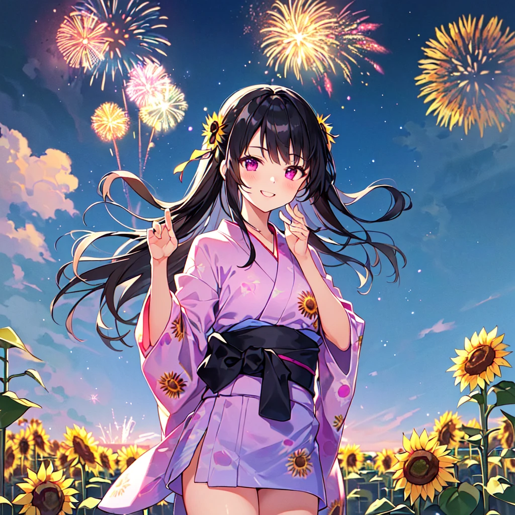 masterpiece, best quality, high quality, extremely detailed, very delicate and beautiful, (1 female 18 years old solo:1.5), (long black hair up to waist with two side up:1.5), bangs to eyebrows, eyes Eyebrows are glossy, (eye color: magenta:1.3), 6.5 head height, (yukata with fireworks print: 1.3), knee socks, lace, frills, (smiling), (standing: 1.3), (smiling), (dynamic pose), (background sunflower field: 1.3), (night with lots of fireworks: 1.3), (upper body:1.3)