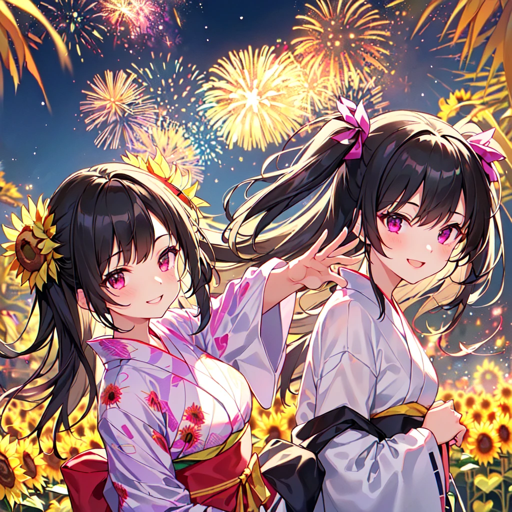 masterpiece, best quality, high quality, extremely detailed, very delicate and beautiful, (1 female 18 years old solo:1.5), (long black hair up to waist with two side up:1.5), bangs to eyebrows, eyes Eyebrows are glossy, (eye color: magenta:1.3), 6.5 head height, (yukata with fireworks print: 1.3), knee socks, lace, frills, (smiling), (standing: 1.3), (smiling), (dynamic pose), (background sunflower field: 1.3), (night with lots of fireworks: 1.3), (upper body:1.3)