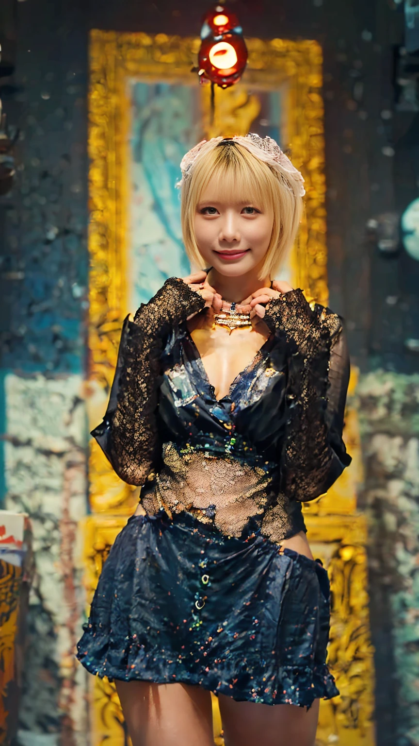(Beautiful Italian woman:1.6),(( Beautiful Short Hair)),Familiar iridescent bikini with beautiful fractal or marble design:1.5), An incredible sight, ((high quality)), ((Familiar)), ((Fantasy)), Blue Plasma Brain,((She strikes a sexy pose in a navy blue micro bikini)), ((Dim studio shooting))、((The beauty of indirect lighting)),((Beautiful face with soft indirect lighting and few shadows、Beautiful Skin))、((The beauty of film)),((Head to knee image)), Vulgarity, Beautiful breasts, Obscene, (淫らな笑face:1.2), rough, Obscene, average, (virile:1.2), (Immorality:1.2), Lakish,(Expressions of ecstasy:1.2), Realistic, Official Art, Unity 8K Wall , 8K Portraiture, 最high quality, Very high resolution, (Incredibly beautiful natural backgrounds:1.6), (18-year-old:1.5), (Sexy and attractive ass:1.6), (Coquettish look:1.6), (Smile seductively:1.6), (whole body), (Sexy pose:1.6), (Model pose:1.6), 美しい魅惑的なface, Portraiture, (Thick eyebrows:1.4), (Big red eyes:1.2), Beautiful eyes with high symmetry, (Highly detailed eyes:1.4), (High resolution blue eyes:1.1), 親密なface, (Highly detailed skin texture:1.4), White skin, White skin, Perfect Anatomy, thin, (Beautiful and toned body:1.5), Hair Ribbon, (Moisturized Skin:1.2), No makeup, (bear:1.1), Excellent anatomy, Focus face,((Emilia Clarke:0.6)),(((Emma Watson:0.3)),((Jennifer Connelly:0.4)), ( face:1.5), 上品なface立ち, Nice, sweet, (Around her neck is an intricately crafted necklace........), (Brightly lit bioluminescence:1.4), (Shining Magic Circle:1.5), Ancient castle ruins, Shining majestic clouds and sky, lightning, spectacular Realistic, (Greg Rutkowski:0.8), (blue green and orange:0.4), (Art Station:1.5), Cinematic, (Hmph:1.5), Hyper Familiar, Dramatic Light, (Intricate details:1.1), Beautiful black hair, (She wears jeweled gauntlets of very beautiful design.。.:1.1),Positive、Upper body close-up、Raise your hands
