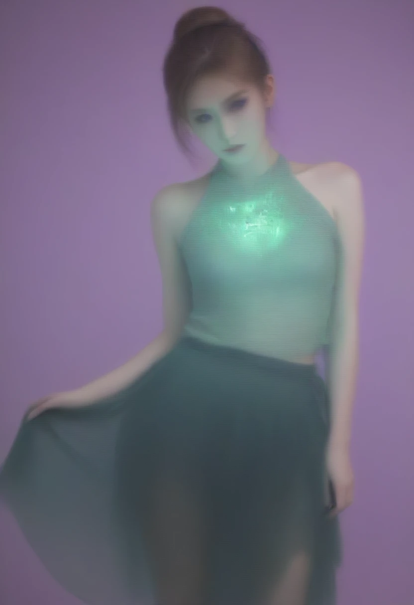 details Intricate, A cousin of Odel Schwanck:1.2, hair green, skull, torn garments, below the chest, overskirt, fancy, swirly vibrant colors, ethereal lighting,hand behind head, 8K, 4D. 