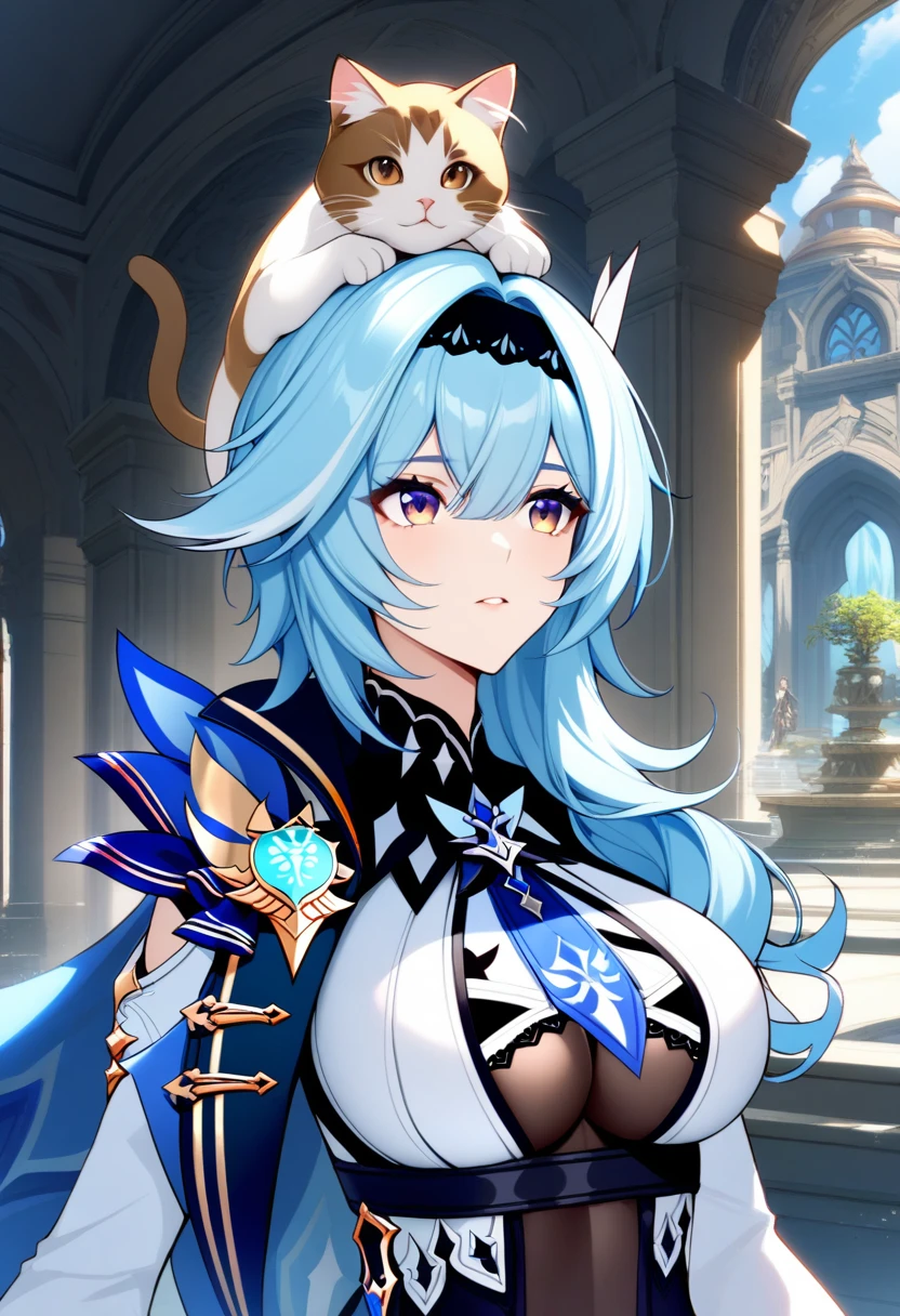 masterpiece, best quality, very aesthetic, absurdres, 1girl, mature_lady, looking at cat, big cat lying on her head,upper body,looking up,,eula_(genshin_impact), genshin_impact, blue_hair, brown_eyes, hair_ornament, hairband, black_hairband, sidelocks, medium_hair, large_breasts, black_leotard, black_gloves, white_shirt, shirt, blue_cape, cape, long_sleeves, thighhighs, black_thighhighs, underbust, belt, necktie,in a palace,floating_clothes