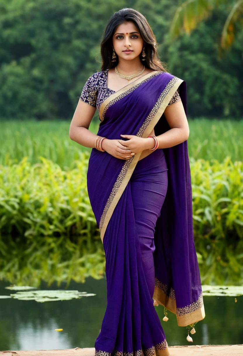 Indian girl, cute,(lifelike, high - resolution:1.3), 1 girl with a perfect figure: 1.4, Super fine face and eyes,slong hair, small Tank top dark bluecolors:1.2, (Wearing a traditional saree, bulky figure , huge big extra large and , full body ,looking front ,big butt, fair complexion, pond backgrounds. thick figure, plum, chubby, sexy, seductive, beautiful saree, beautiful body, feminine,