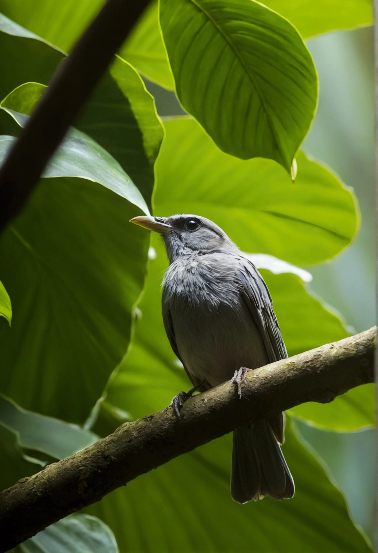 jungle. A small angle view of a bird.. rays of god.