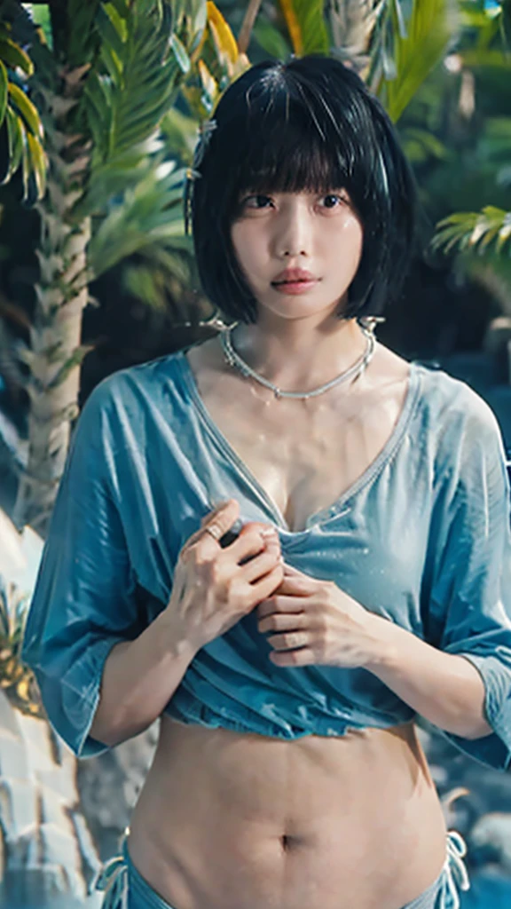 Black Hair、With bangs、Big Breasts、Sexy Body、blue micro bikini、Kneel、Sweaty、Soaking wet、Under the palm trees near the sea、Close-up