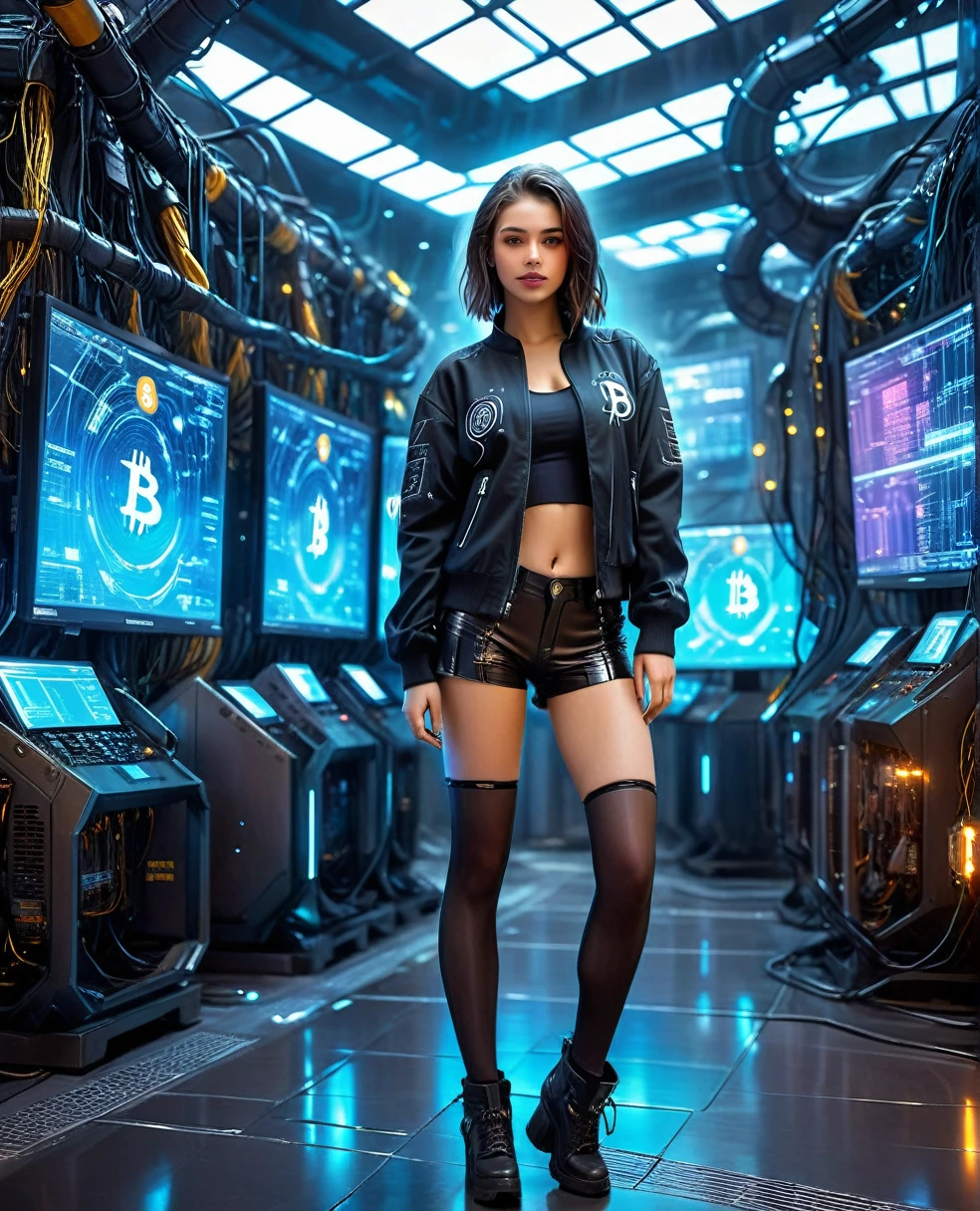 A pretty girl in cyberpunk jacket in a futuristic financial trading hall with high-tech miners mining Bitcoin, the Bitcoin symbol in a technological and electronic scenario, cyberpunk and futuristic, Science fiction, hightech, photo realist, best qualityer