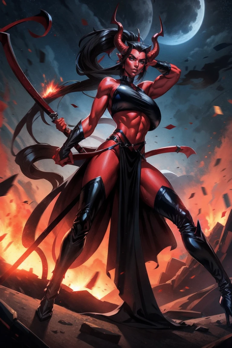 Red skin succubus tiefling, medium breasts, black horns, wings, huge tail, black leather, crop top, long flowing pelvic curtain, tall, toned, graceful, thin, long black ponytail. Action scene, whip. Dark scene, explosions, night sky.