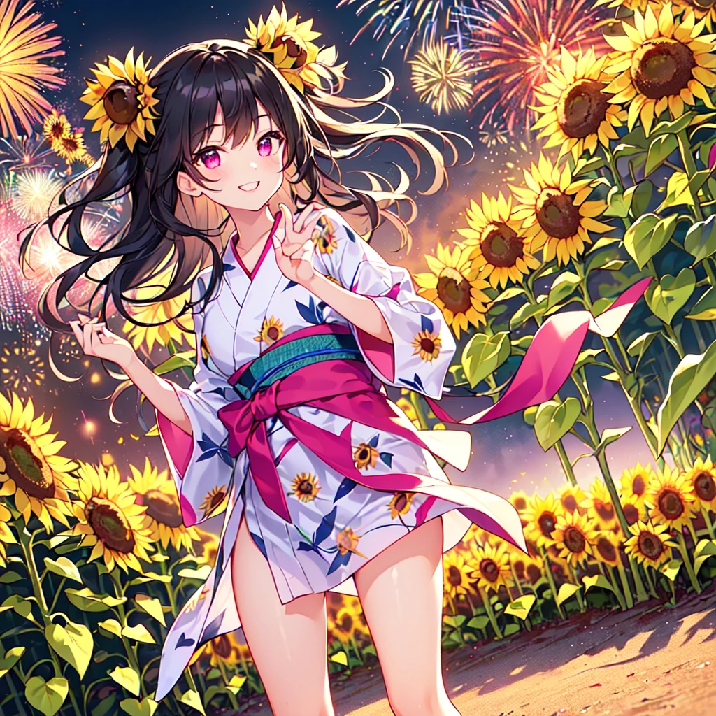 masterpiece, best quality, high quality, extremely detailed, very delicate and beautiful, (1 female 18 years old solo:1.5), (long black hair up to waist with two side up:1.5), bangs to eyebrows, eyes Eyebrows are glossy, (eye color: magenta: 1.3), 6.5 head height, (yukata with sunflower fireworks print: 1.3), knee socks, lace, frills, (smiling), (standing: 1.3), (smiling), (dynamic pose), (background sunflower flower field: 1.3), (sunflowers Lots and Lots of Night: 1.3)