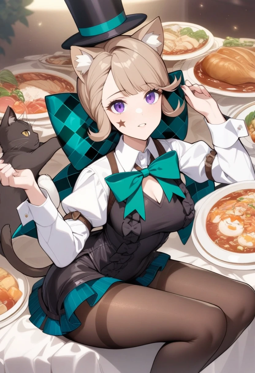 masterpiece, best quality, very aesthetic, absurdres, 1girl, mature_lady, looking at cat, big cat lying on her head,upper body,looking up,,Lynette, animal ear fluff, Animal ears, Cat ears, facial mark, Hair Bow, Purple_eyes, Brown hair, Star, Star on cheek, bow, green bow, Leotard, Long sleeves, miniSkirt, pantyhose, top_hat,,in a banquet,floating_clothes