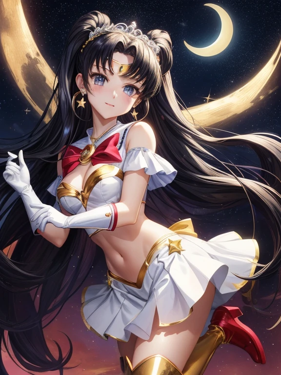 masterpiece, highest quality, (1 girl), super sailor moon, cowboy shot, night, moon crown, evening, starry sky, beautiful sky, cloud, white gloves, blue eyes, colorful clothes, sailor sengoku uniform, colorful skirt, hair ornaments, red bow, brooch, brooch, heart brooch, earrings, Crescent Moon, heart necklace, heart, very long hair, Crescent Moon earrings, tiara, yellow necklace, boots, knee boots, red shoes, take a pose, Are standing,super tiny string bikini,exposed,small breasts,super tiny string bikini