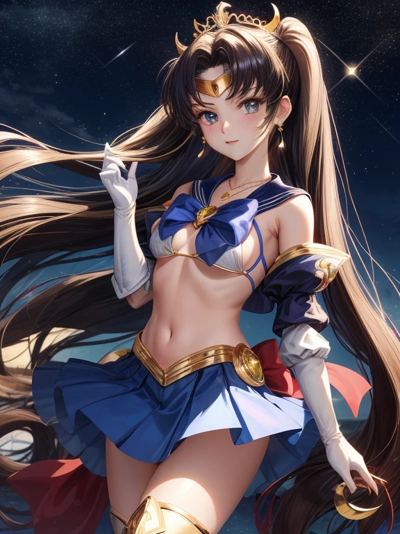 masterpiece, highest quality, (1 girl), super sailor moon, cowboy shot, night, moon crown, evening, starry sky, beautiful sky, cloud, white gloves, blue eyes, colorful clothes, sailor sengoku uniform, colorful skirt, hair ornaments, red bow, brooch, brooch, heart brooch, earrings, Crescent Moon, heart necklace, heart, very long hair, Crescent Moon earrings, tiara, yellow necklace, boots, knee boots, red shoes, take a pose, Are standing,super tiny string bikini,exposed,small breasts,super tiny string bikini