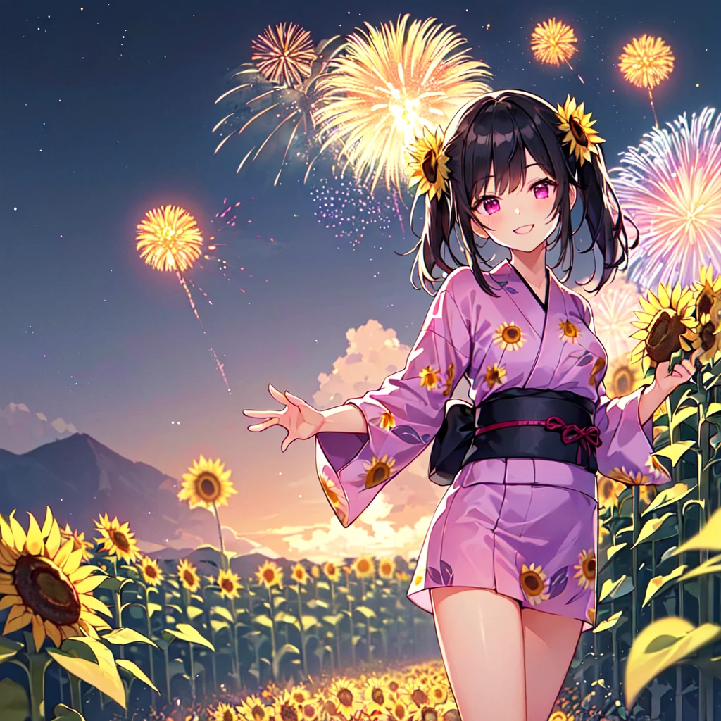 masterpiece, best quality, high quality, extremely detailed, very delicate and beautiful, (1 female 18 years old solo:1.5), (long black hair up to waist with two side up:1.5), bangs to eyebrows, eyes Eyebrows are glossy, (eye color: magenta:1.3), 6.5 head height, (yukata with fireworks print: 1.3), knee socks, lace, frills, (smiling), (standing: 1.3), (smiling), (dynamic pose), (background sunflower field: 1.3), (night with lots of fireworks: 1.3)