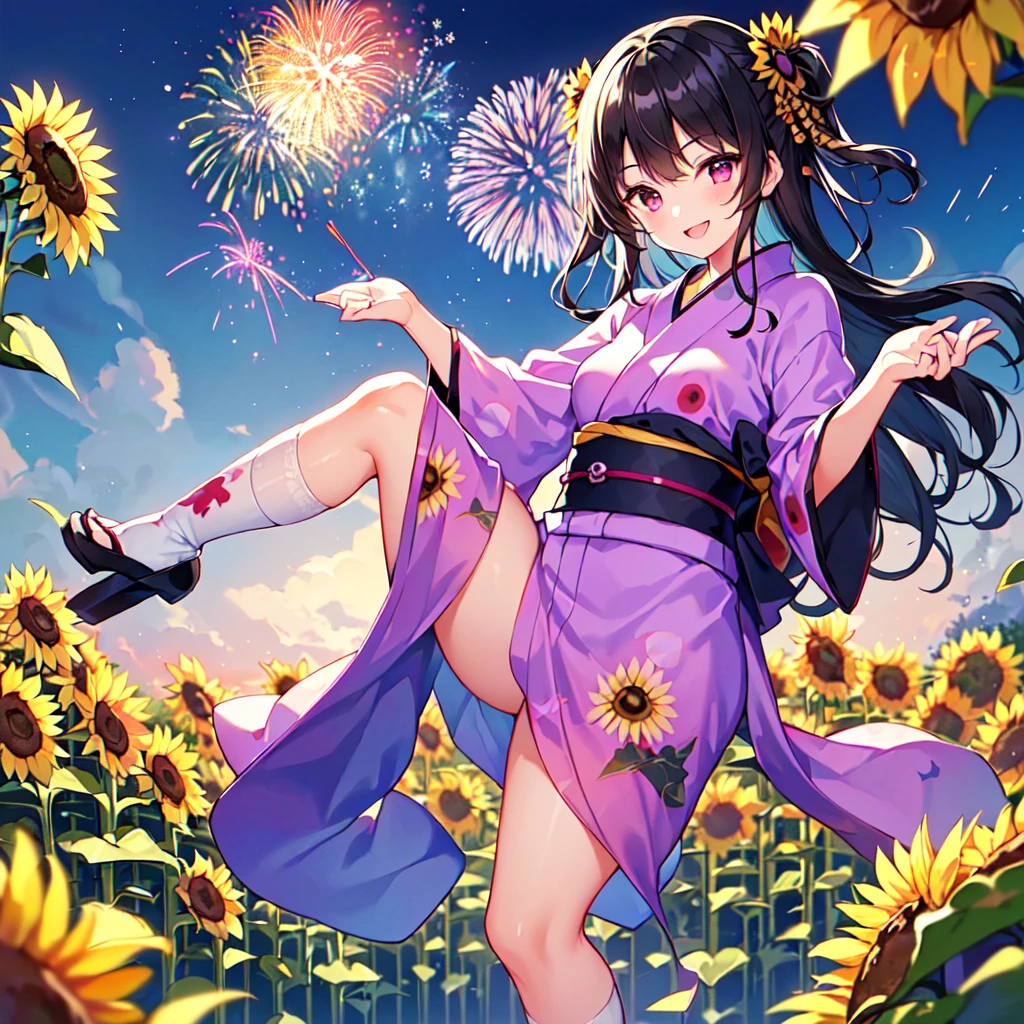 masterpiece, best quality, high quality, extremely detailed, very delicate and beautiful, (1 female 18 years old solo:1.5), (long black hair up to waist with two side up:1.5), bangs to eyebrows, eyes Eyebrows are glossy, (eye color: magenta:1.3), 6.5 head height, (yukata with fireworks print: 1.3), knee socks, lace, frills, (smiling), (standing: 1.3), (smiling), (dynamic pose), (background sunflower field: 1.3), (night with lots of fireworks: 1.3)