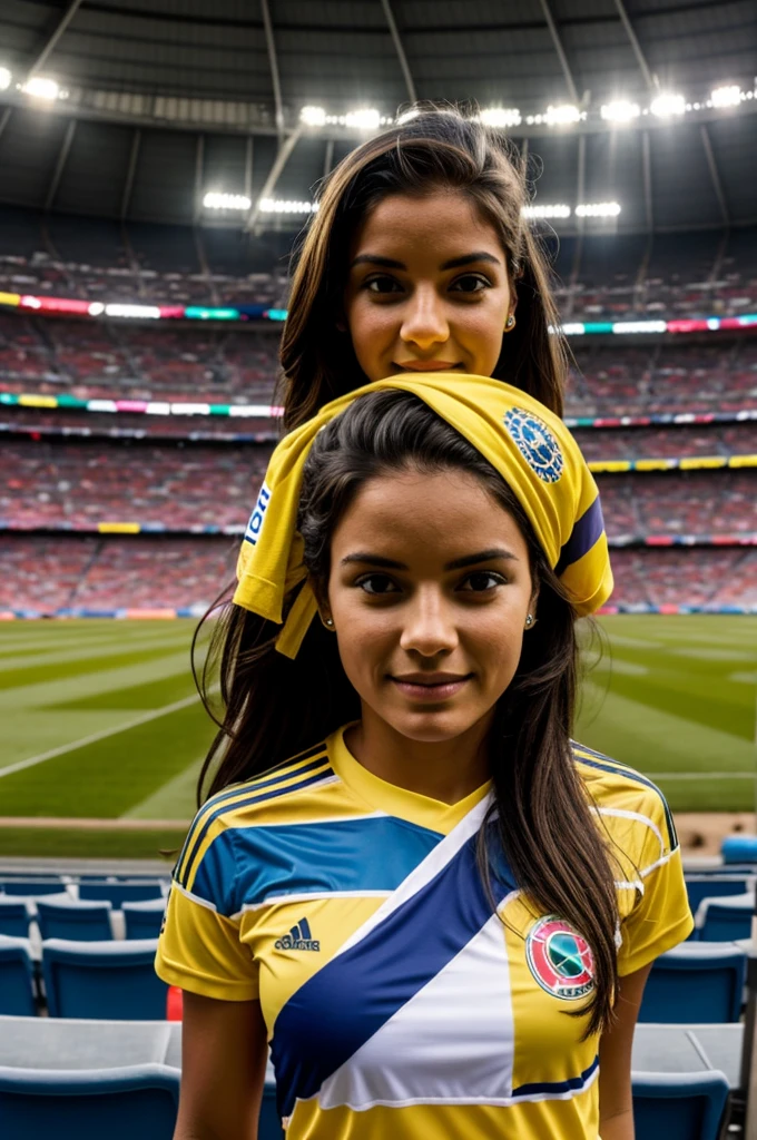 Create an image of a girl in a stadium with the Colombia shirt on her back and that has the number 17 and the name Gina that the girl is brunette with long black hair