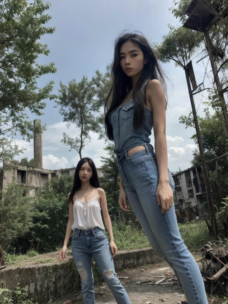 Thai woman, Look to viewer, long hair, chemise, jeans, nube, giorno, sky,plein-air, post-apocalypse, ruins, scenario, Tree, water,