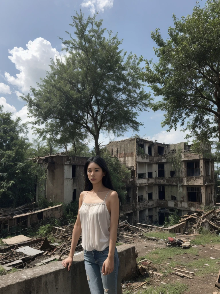 Thai woman, Look to viewer, long hair, chemise, jeans, nube, giorno, sky,plein-air, post-apocalypse, ruins, scenario, Tree, water,