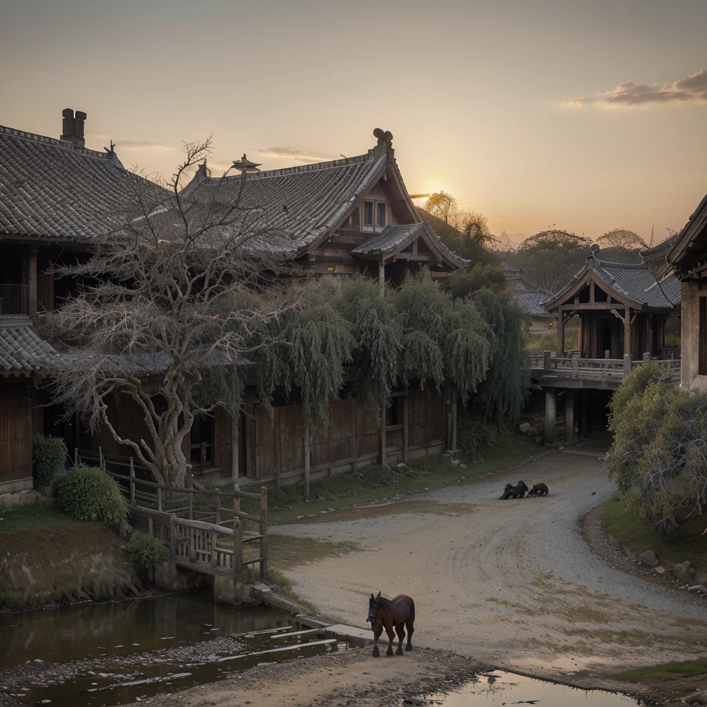 masterpiece, high quality, high resolution,8k, chinese painting ,, Withered vines, aged ((trees)), dusk ((crows)) cawing free,, ((a small bridge)), flowing water, (((a humble dwelling))),  (a horse:1.6),, Westward blows the chilly wind on ((an ancient path)),, As the sun sets, my heart aches with a lonely wrath,, should be showing her legs with white shoes and half shocks