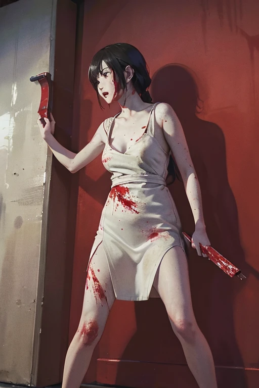 Highest quality、masterpiece、High sensitivity、High resolution、Detailed Description、Slender women、Blood on the walls、With weapons、Standing posture、Blood splatter、