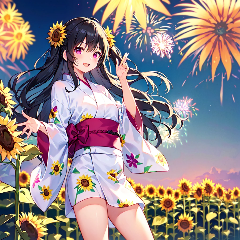 masterpiece, best quality, high quality, extremely detailed, very delicate and beautiful, (1 female 18 years old solo:1.5), (long black hair up to waist with two side up:1.5), bangs to eyebrows, eyes Eyebrows are glossy, (eye color: magenta:1.3), 6.5 head height, (yukata with fireworks print: 1.3), knee socks, lace, frills, (smiling), (standing: 1.3), (smiling), (dynamic pose), (background sunflower field: 1.3), (night with lots of fireworks: 1.3)