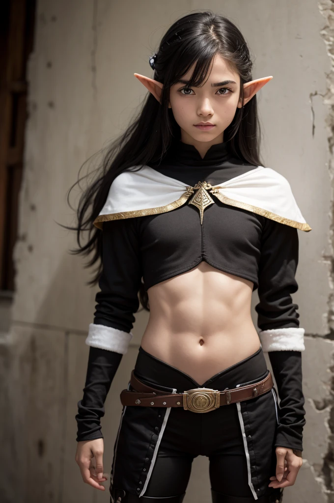 a 15 year old elf with black, half white skin, half strong