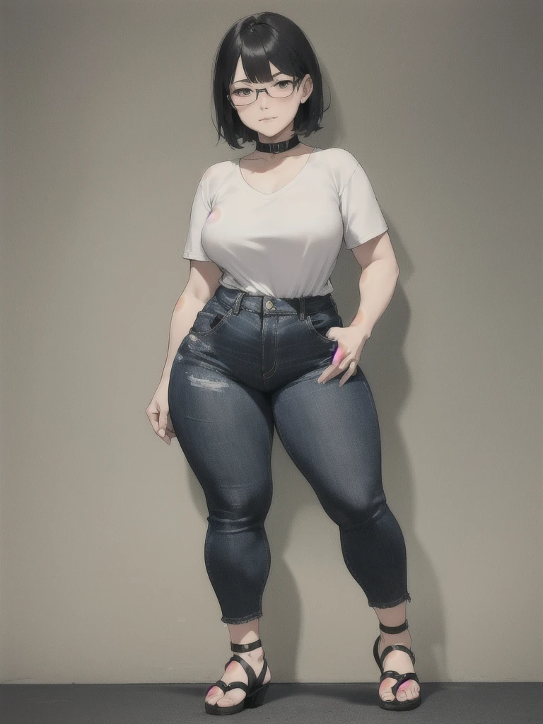 Full body, A body as thick as a man's, Solo, Realistic, Sexy Asian face, scornful eyes, Swollen face, Japanese face, Legs focus, Moderately fat body type+, 1 woman, mature woman++, age 32, wide shoulder, short sleeve T-shirt, Black Denim pants, thick tights, short hair, Collar cropped hair, cardigan, adult woman, Game company programmer, Short legs, Long upper body, Thick waist, low rise black denim pants, ((Small breasts and fat and short leg)), Muchimuchi body, ugly nerd face