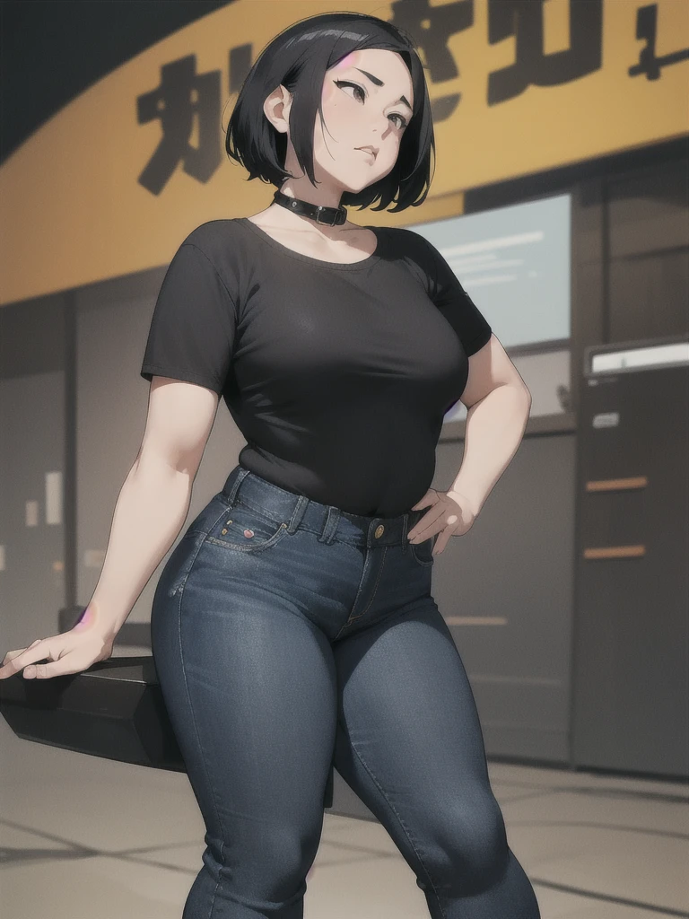Full body, A body as thick as a man's, Solo, Realistic, Sexy Asian face, scornful eyes, Swollen face, Japanese face, Legs focus, Moderately fat body type+, 1 woman, mature woman++, age 32, wide shoulder, short sleeve T-shirt, Black Denim pants, thick tights, short hair, Collar cropped hair, cardigan, adult woman, Game company programmer, Short legs, Long upper body, Thick waist, low rise black denim pants, ((Small breasts and fat and short leg)), Muchimuchi body, ugly nerd face