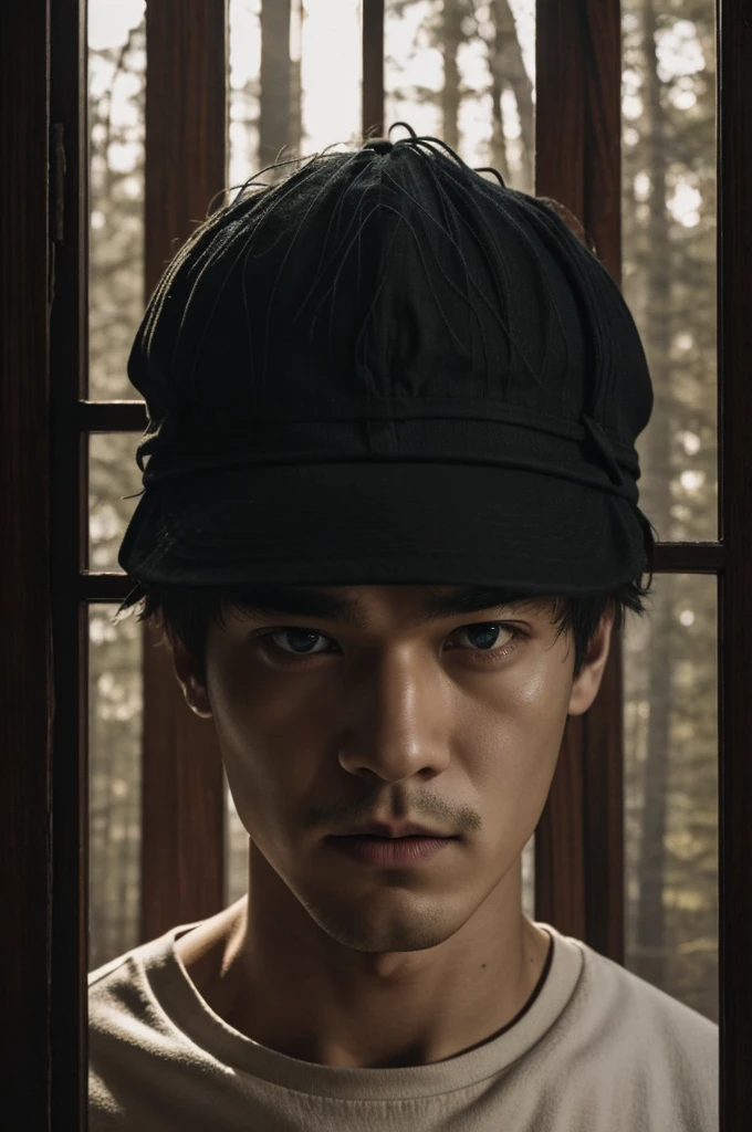 A cover for a fanfic about murderers and cannibalism, the title will be called "The cabin" and I want Kim Taehyung in it 