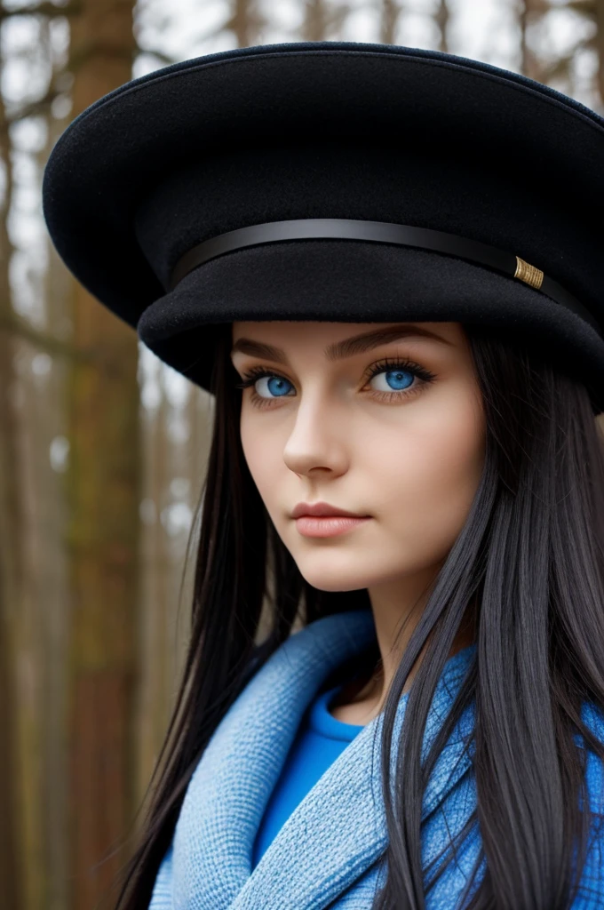 Russian girl with blue eyes, black long hair, Russian hat