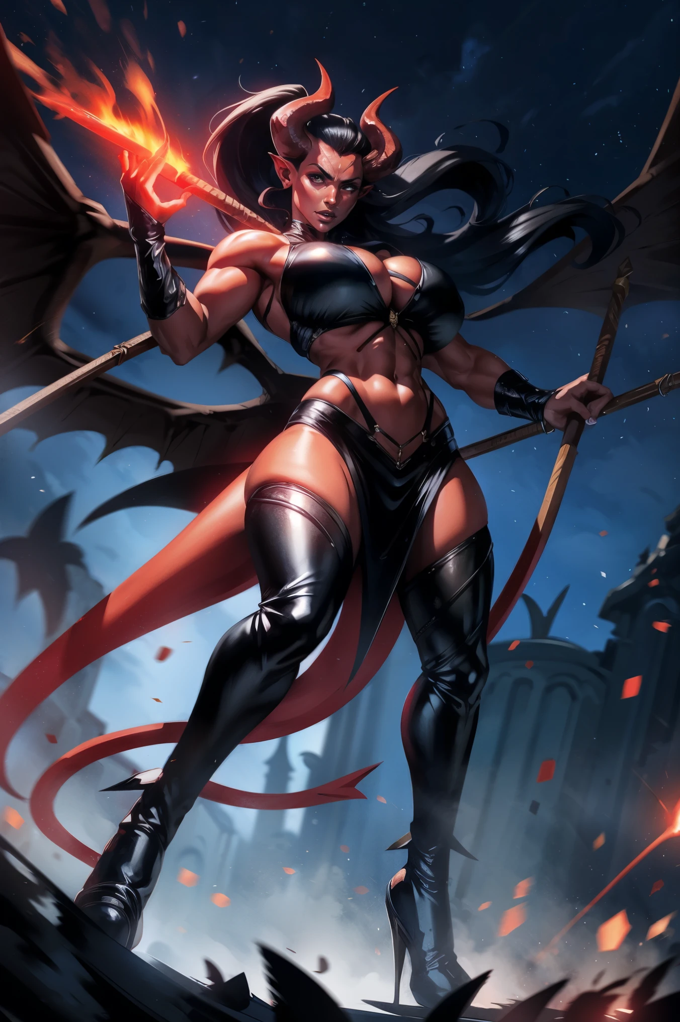 Red skin succubus tiefling, medium breasts, black horns, wings, huge tail, black leather, crop top, long flowing pelvic curtain, tall, toned, graceful, thin, long black ponytail. Action scene, whip. Dark scene, explosions, night sky.