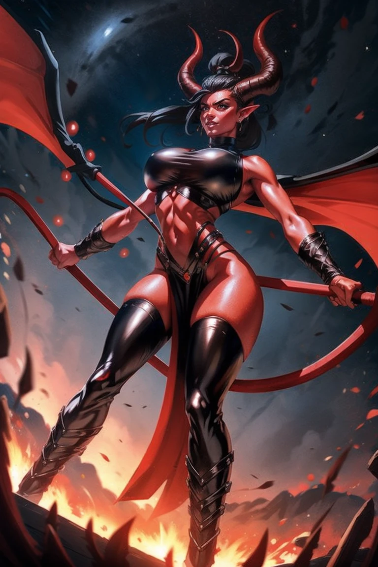 Red skin succubus tiefling, medium breasts, black horns, wings, huge tail, black leather, crop top, long flowing pelvic curtain, tall, toned, graceful, thin, long black ponytail. Action scene, whip. Dark scene, explosions, night sky.