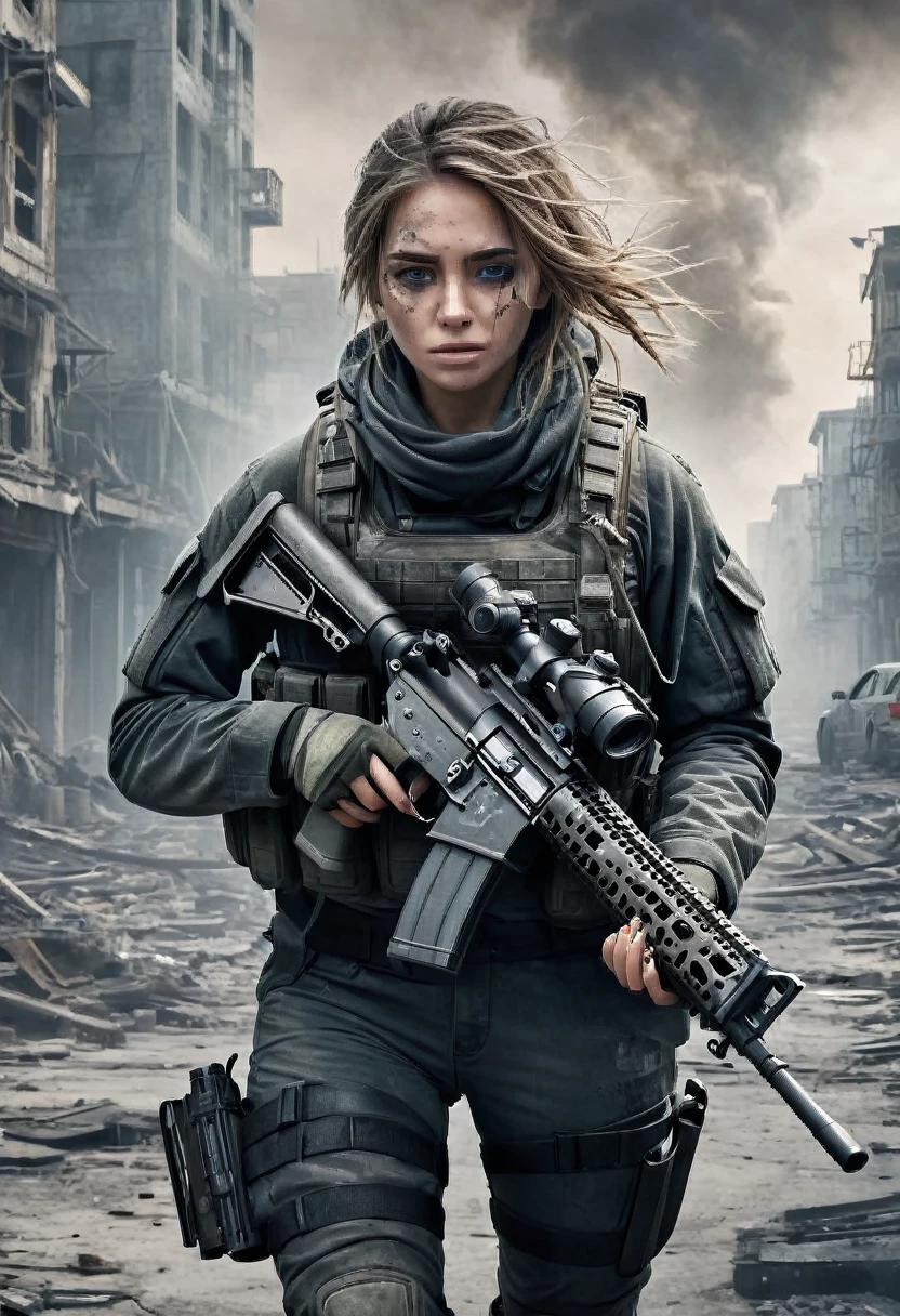 work of art, best qualityer, high resolution, rich details details, 8K, extreme light and shadow, image of a beautiful young woman wearing tactical gear, holding a machine gun with both hands, walking down a deserted street in a collapsing city, post-apocalypse, smoke and fog in the air, BREAK yellow gray sky covered by toxic cloud, building collapsed, broken street, body high, face detailed, eye detailed, cara fria, grimy, (post-apocalypse theme),