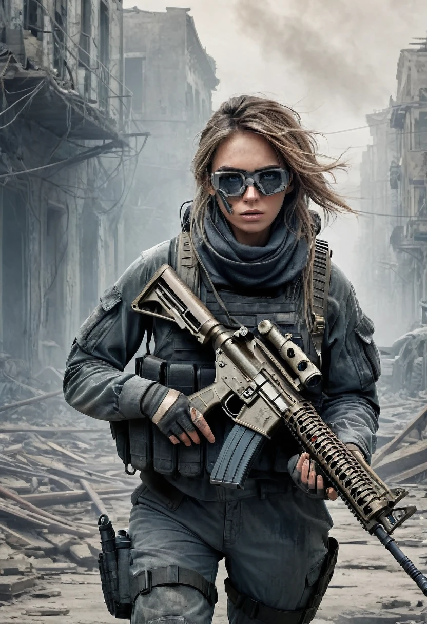 work of art, best qualityer, high resolution, rich details details, 8K, extreme light and shadow, image of a beautiful young woman wearing tactical gear, holding a machine gun with both hands, walking down a deserted street in a collapsing city, post-apocalypse, smoke and fog in the air, BREAK yellow gray sky covered by toxic cloud, building collapsed, broken street, body high, face detailed, eye detailed, cara fria, grimy, (post-apocalypse theme),