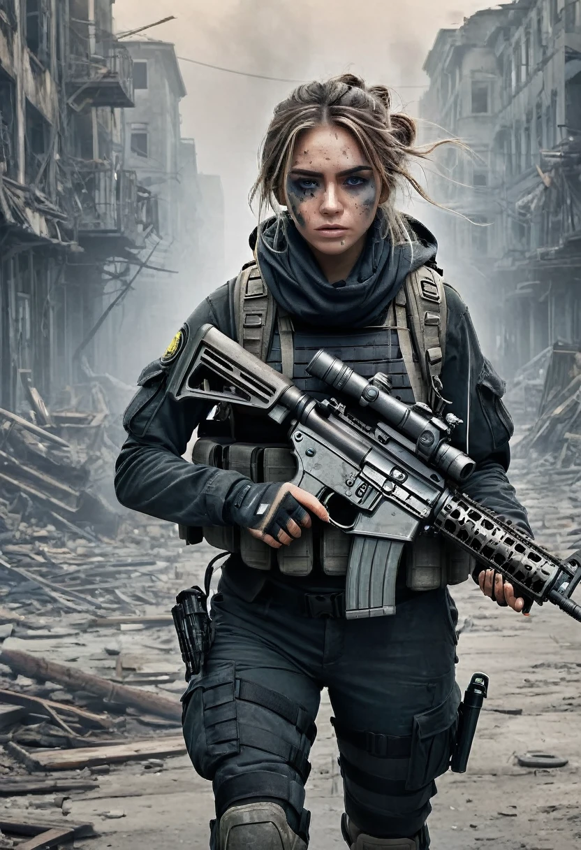 work of art, best qualityer, high resolution, rich details details, 8K, extreme light and shadow, image of a beautiful young woman wearing tactical gear, holding a machine gun with both hands, walking down a deserted street in a collapsing city, post-apocalypse, smoke and fog in the air, BREAK yellow gray sky covered by toxic cloud, building collapsed, broken street, body high, face detailed, eye detailed, cara fria, grimy, (post-apocalypse theme),