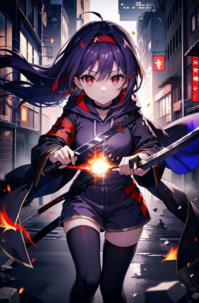 yuukikonno, Yuki Konno, hair band, Long Hair, Pointed Ears, Purple Hair, (Red eyes:1.5), (Small breasts:1.2), strict,Shut your mouth.,Trying to pull out a Japanese sword from its sheath,purple oversized hoodie　Hooded,Action pose,IncrsUnsheathingAKatanaMeme, sheath, holding sheath, Short denim pants,Black knee-high socks,short boots,rubble,Explosive flame,Becoming outdated,
break looking at viewer, Upper Body, whole body,
break outdoors, city,Building Street,,
break (masterpiece:1.2), Highest quality, High resolution, unity 8k wallpaper, (shape:0.8), (Beautiful and beautiful eyes:1.6), Highly detailed face, Perfect lighting, Highly detailed CG, (Perfect hands, Perfect Anatomy),