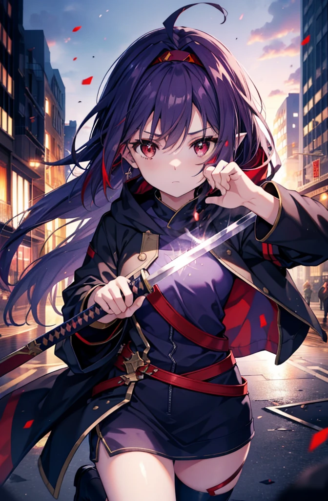 yuukikonno, Yuki Konno, hair band, Long Hair, Pointed Ears, Purple Hair, (Red eyes:1.5), (Small breasts:1.2), strict,Shut your mouth.,Trying to pull out a Japanese sword from its sheath,purple oversized hoodie　Hooded,Action pose,IncrsUnsheathingAKatanaMeme, sheath, holding sheath, Short denim pants,Black knee-high socks,short boots,rubble,Explosive flame,Becoming outdated,
break looking at viewer, Upper Body, whole body,
break outdoors, city,Building Street,,
break (masterpiece:1.2), Highest quality, High resolution, unity 8k wallpaper, (shape:0.8), (Beautiful and beautiful eyes:1.6), Highly detailed face, Perfect lighting, Highly detailed CG, (Perfect hands, Perfect Anatomy),