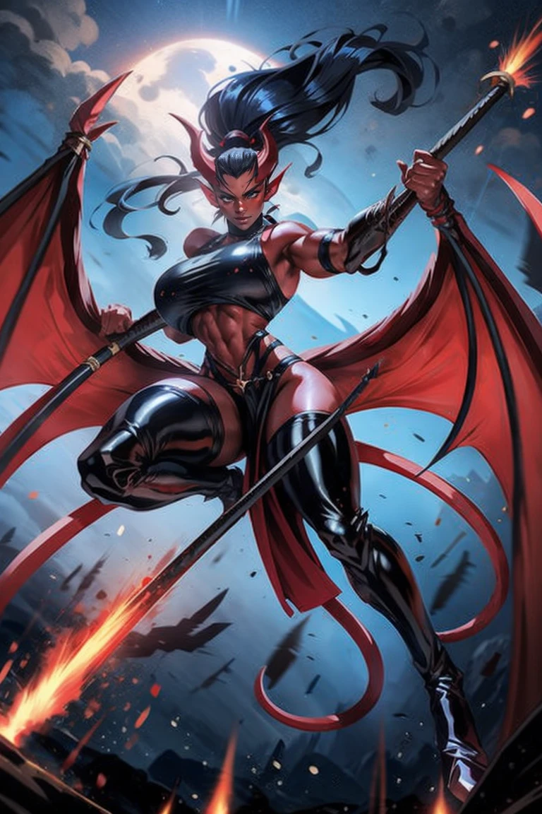 Red skin succubus tiefling, digitigrade legs, full breasts, medium breasts, black horns, wings, huge tail, black leather, crop top, long flowing pelvic curtain, tall, toned, graceful, thin, long black ponytail. Action scene, whip. Dark scene, explosions, night sky.