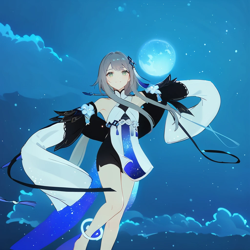 1girl, guizhong_\(genshin_impact\),light grey hair,short_hair_with_long_locks,starry_sky_print,detached_sleeves, long sleeves that drape over hands past fingers,dancing,hanfu,illustrated by matsuryuu and agahari and dsmile,pale green-grey eyes,stunning field of softly glowing blue and white glaze lilies,night scene,gentle smile,moonlight,glossy lips,vivid anime coloring,cel shading,smooth, soft dreamy focus,anklet,halter_top,white clothes,highly detailed,digital painting,field of flowers,bare_shoulders,wlop,barefoot,cool night tones, magical night scene,masterpiece, best quality, film, bokeh, multicolored light particles,professional, 4k, highly detailed,fireflies,Guardian nebula of rainbow light and silvery vapor,ai-generated,goddess of stardust