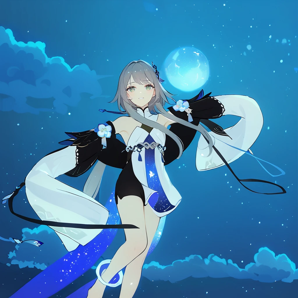 1girl, guizhong_\(genshin_impact\),light grey hair,short_hair_with_long_locks,starry_sky_print,detached_sleeves, long sleeves that drape over hands past fingers,dancing,hanfu,illustrated by matsuryuu and agahari and dsmile,pale green-grey eyes,stunning field of softly glowing blue and white glaze lilies,night scene,gentle smile,moonlight,glossy lips,vivid anime coloring,cel shading,smooth, soft dreamy focus,anklet,halter_top,white clothes,highly detailed,digital painting,field of flowers,bare_shoulders,wlop,barefoot,cool night tones, magical night scene,masterpiece, best quality, film, bokeh, multicolored light particles,professional, 4k, highly detailed,fireflies,Guardian nebula of rainbow light and silvery vapor,ai-generated,goddess of stardust