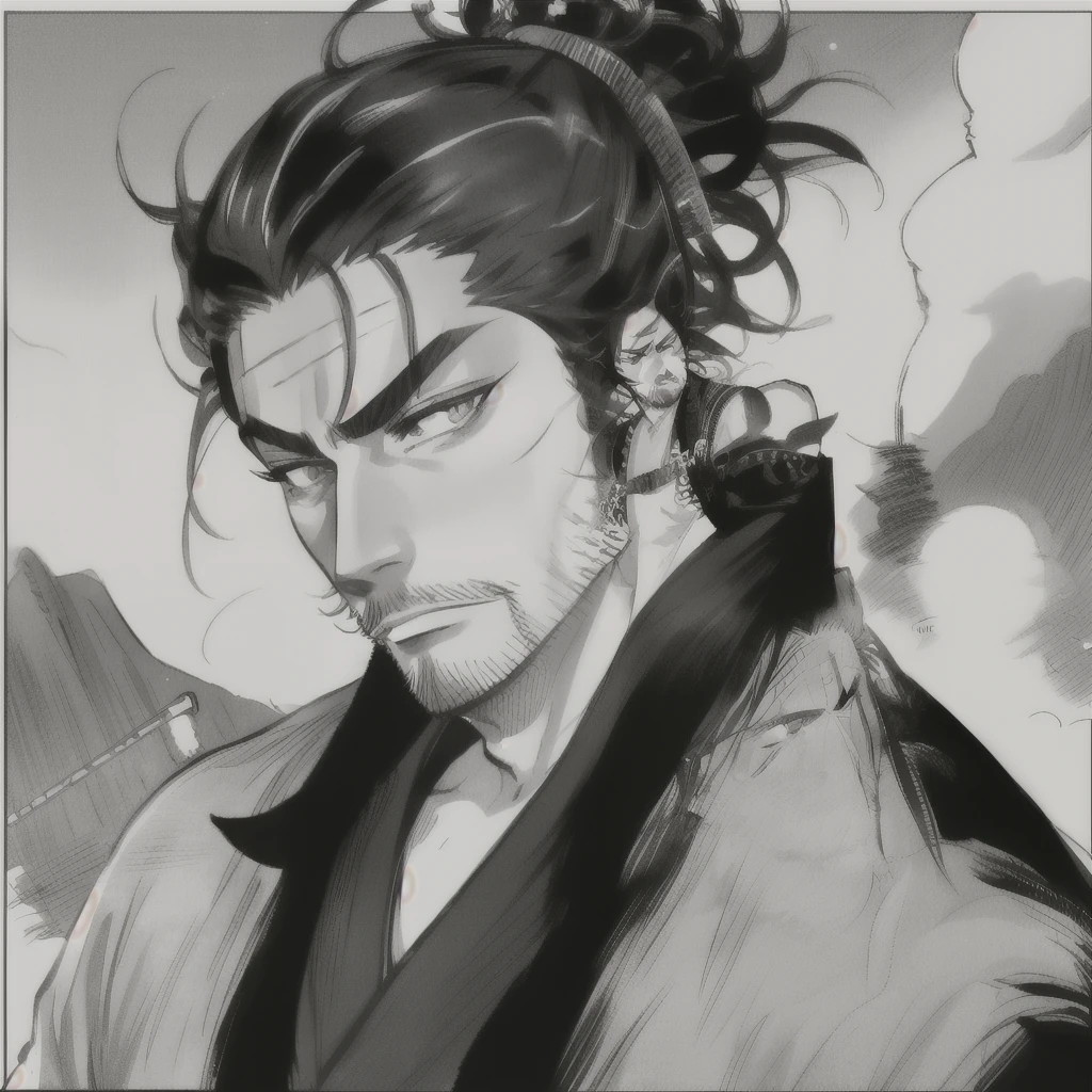 Miyamoto Musashi,kimono,SCAR,wide,barba,,Manga,in black and white,looking to the camera,elegant,charismatic (:0.8)