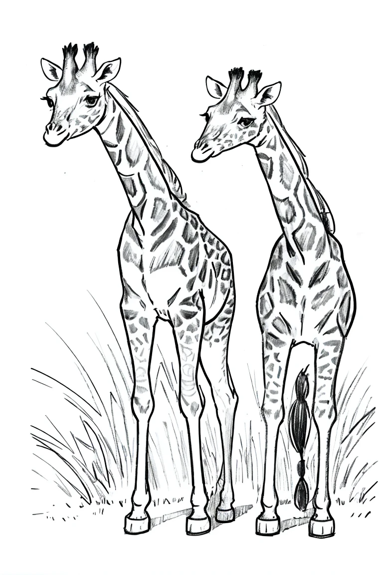 1 giraffe,line art,monochrome,Sketch,pencil drawing,traditional media,rama, Coloring page Thick lines and minimal details in cartoon style