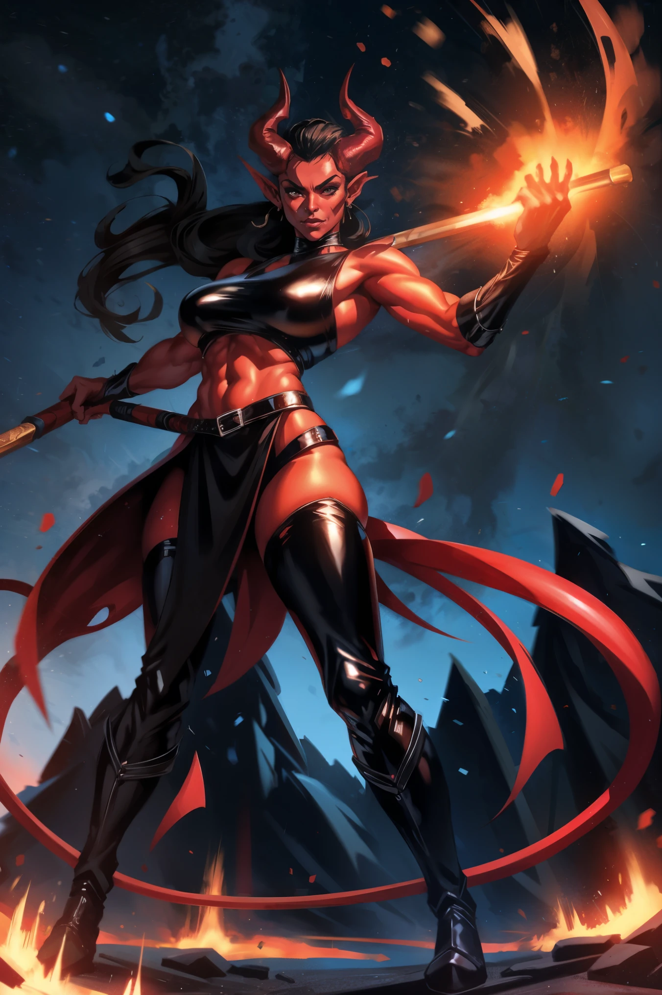 Red skin succubus tiefling, medium breasts, black horns, huge tail, black leather, crop top, long flowing pelvic curtain, tall, toned, graceful, thin, long black ponytail. Action scene, whip. Dark scene, explosions, night sky.