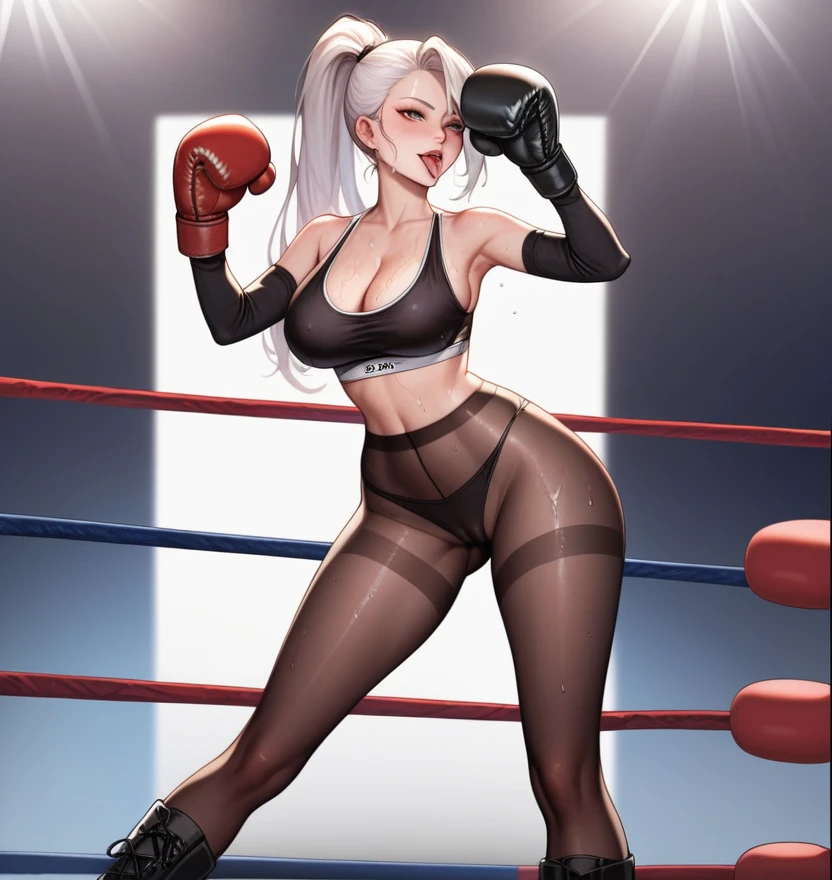 korean beautifull girl,18 years old,Pretty Face,Good shape,detailed picture, Seductive expression sticking out tongue, blush,White ponytail, Wear sports bras,Soaked,Wear black pantyhose,high-heel boots, Wearing black boxing gloves,Wearing a boxing helmet,Black sleeves on arms, Perform standing boxing defense in the boxing ring,Large Breasts,Cleavage,Long legs,Thin waist,nipple,Camel toe