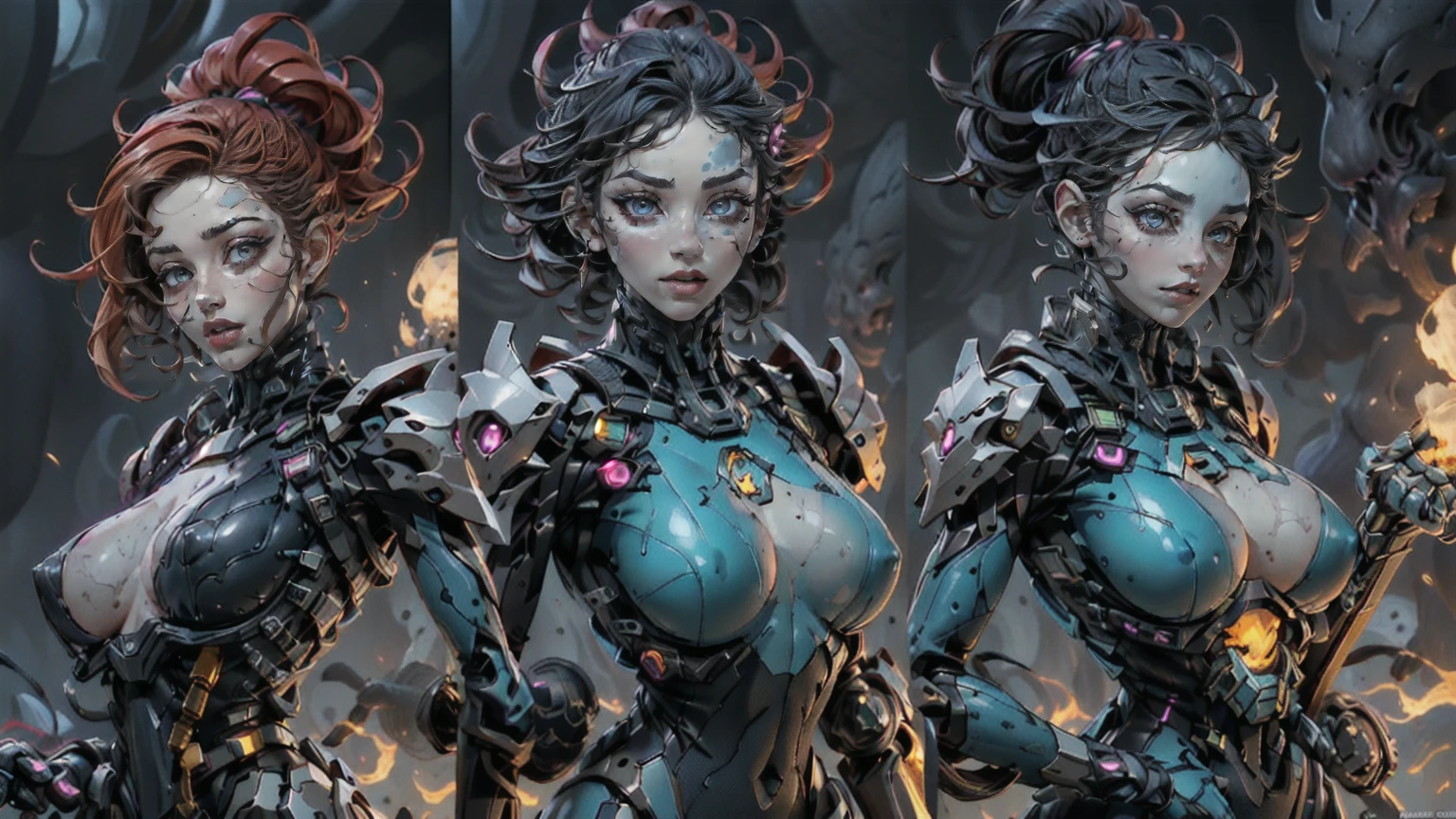 ((The concept character sheet of a strong, attractive, and hot alt lady wearing sexy biopunk armor)). Her face is oval, forehead is smooth and visibly rounded at the temples. jawline is softly defined, giving her a gentle and feminine appearance, ((NSFW, sexy glowing alien armor, biopunk swords)), ((Masterpiece, Highest quality)), 8k, Detailed face (short hair faded and spiked, undercut hairstyle) (multicoloured hair) (green glowing eyes), light blue hair, pantyhose, stocking, ((Infographic drawing. Multiple sexy poses. tattoos, glasses, sexy biopunk skirt, sexy biopunk top))