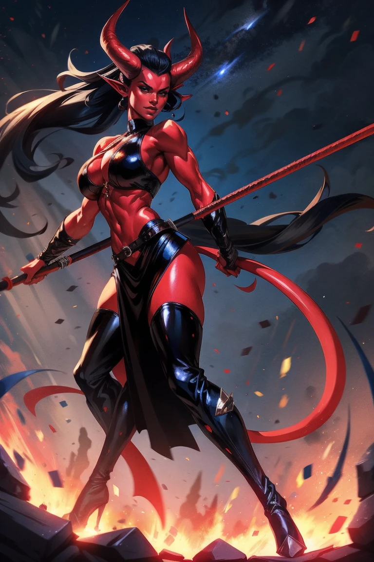 Red skin succubus tiefling, medium breasts, black horns, huge tail, black leather, crop top, long flowing pelvic curtain, tall, toned, graceful, thin, long black ponytail. Action scene, whip. Dark scene, explosions, night sky.