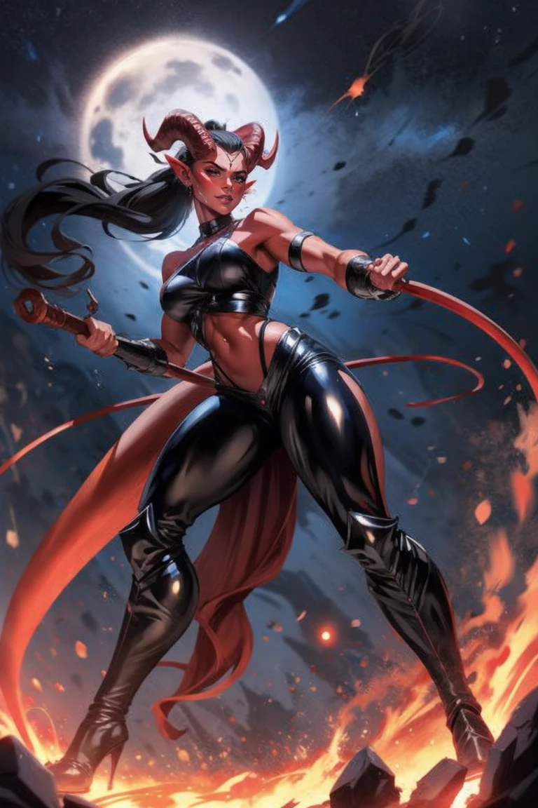 Red skin succubus tiefling, medium breasts, black horns, huge tail, black leather, crop top, long flowing pelvic curtain, tall, toned, graceful, thin, long black ponytail. Action scene, whip. Dark scene, explosions, night sky.